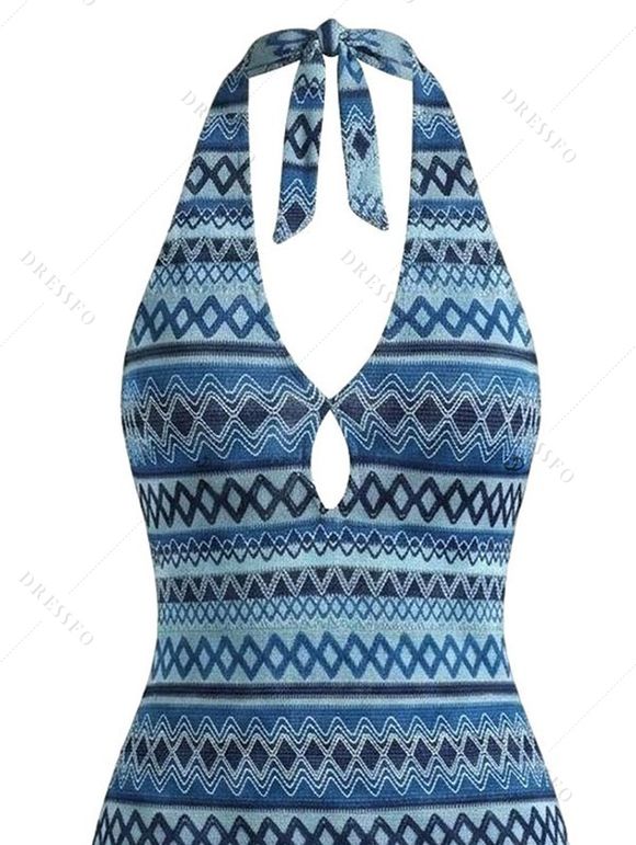 Bohemian Vacation Crochet Dress Zig Zag Geometric Print Cut Out Open Back Halter Mini Dress - Bleu XL | US 12