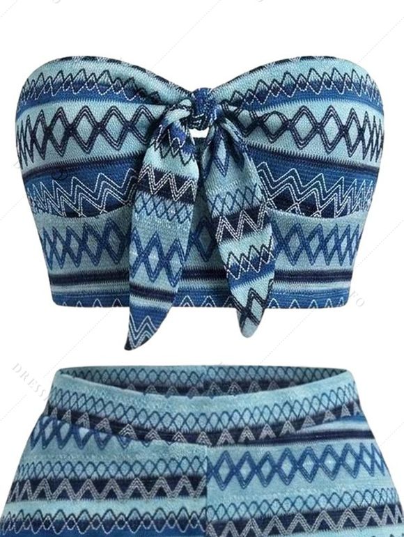 Bohemian Vacation Crochet Two Piece Set: Zig Zag Geometric Print Bowknot Off the Shoulder Cropped Top, Scalloped Shorts - Bleu XL | US 12