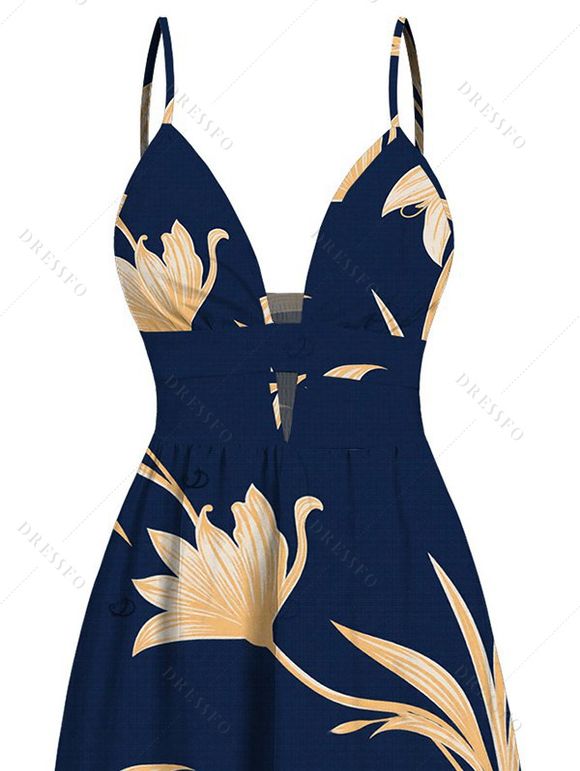 Vacation Dress Lily Floral Print Cut Out Plunging Neck Tired Flowy Dress - Bleu de Minuit XXL | US 14