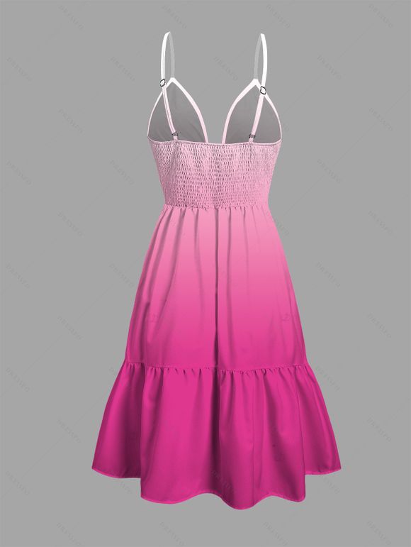 Vacation Dress Ombre Print Cut Out Tired Plunging Neck Flowy Dress - Rose Vif XXL | US 14