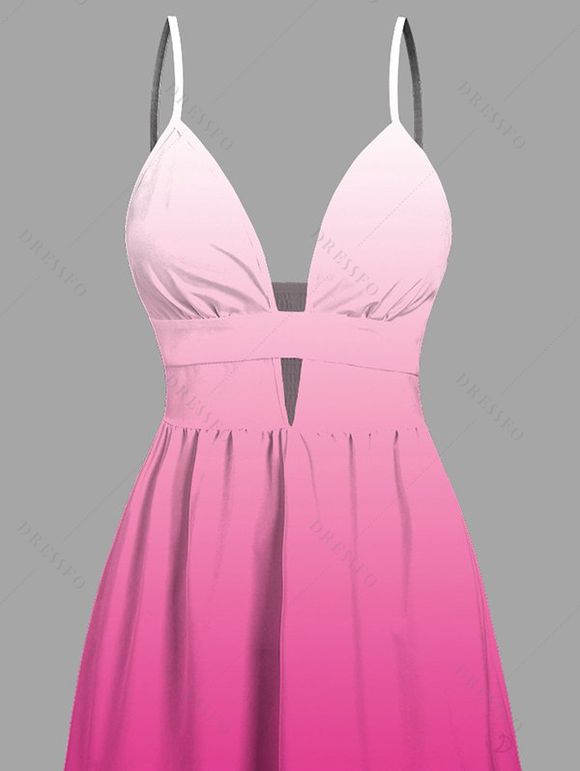 Vacation Dress Ombre Print Cut Out Tired Plunging Neck Flowy Dress - Rose Vif XXL | US 14
