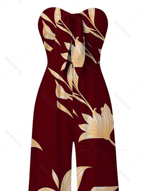 Vacation Jumpsuit Golden Hand‑Drawn Orchid Floral Print Pocket Off the Shoulder Jumpsuit - Rouge foncé XXL | US 14