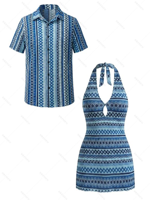 Ethnic Vacation Couple Outfit Zig Zag Geometric Print Cut Out Open Back Halter Dress and Shirt Set - Bleu S | US 4