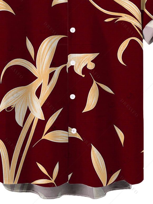 Men's Vacation Shirt Golden Hand‑Drawn Orchid Floral Print Button Up Shirt - Rouge foncé 5XL