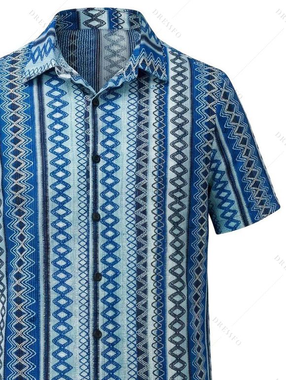 Ethnic Vacation Couple Outfit Zig Zag Geometric Print Cut Out Open Back Halter Dress and Shirt Set - Bleu S | US 4