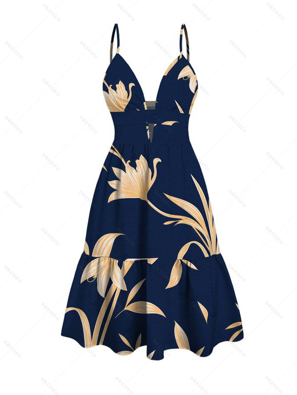 Vacation Couple Outfit Lily Floral Print Cut Out Plunging Neck Tired Flowy Dress and Shirt Set - Bleu de Minuit S | US 4