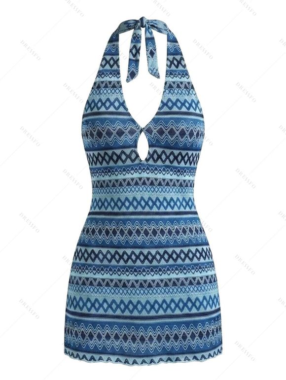 Ethnic Vacation Couple Outfit Zig Zag Geometric Print Cut Out Open Back Halter Dress and Shirt Set - Bleu S | US 4