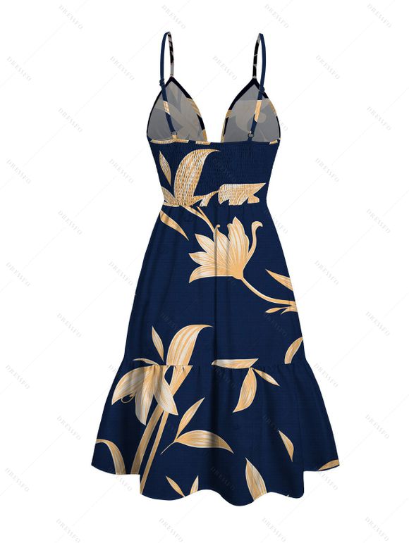 Vacation Couple Outfit Lily Floral Print Cut Out Plunging Neck Tired Flowy Dress and Shirt Set - Bleu de Minuit S | US 4