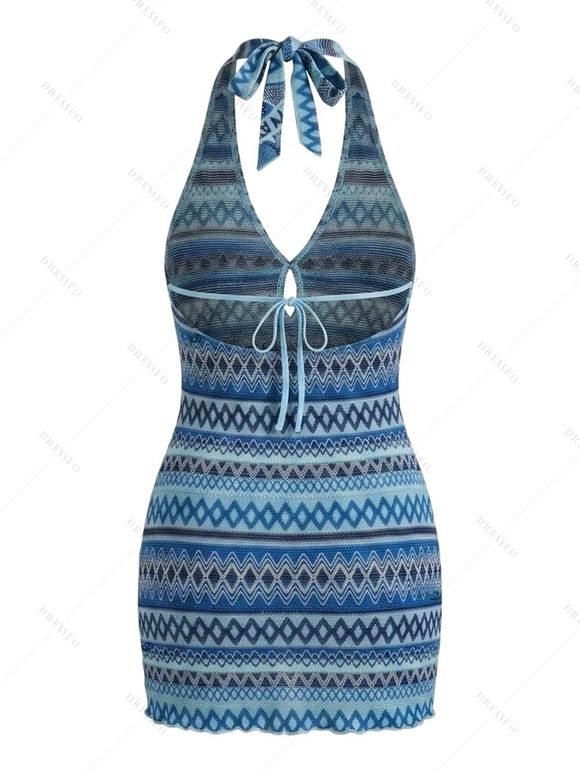 Ethnic Vacation Couple Outfit Zig Zag Geometric Print Cut Out Open Back Halter Dress and Shirt Set - Bleu S | US 4
