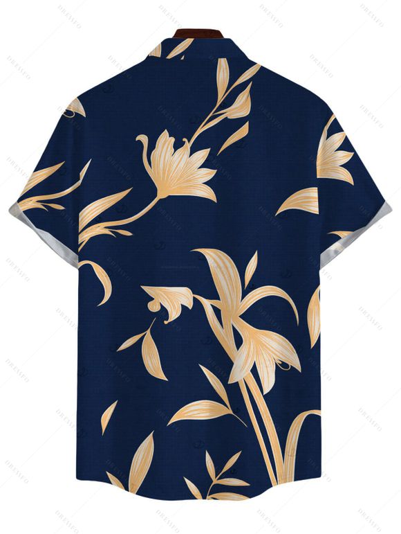 Vacation Couple Outfit Lily Floral Print Cut Out Plunging Neck Tired Flowy Dress and Shirt Set - Bleu de Minuit S | US 4