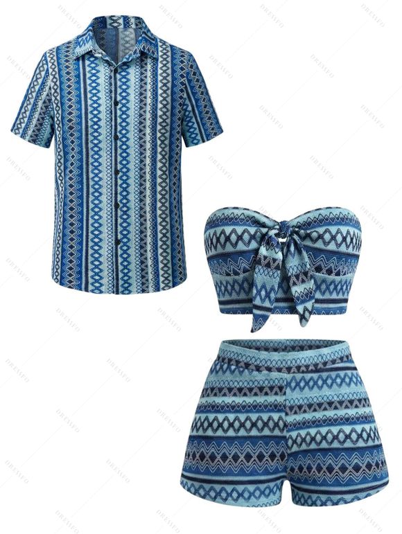 Ethnic Vacation Crochet Couple Outfit: Zig Zag Geometric Print Bowknot Off the Shoulder Cropped Top, Scalloped Shorts, Button Up Shirt - Bleu S | US 4