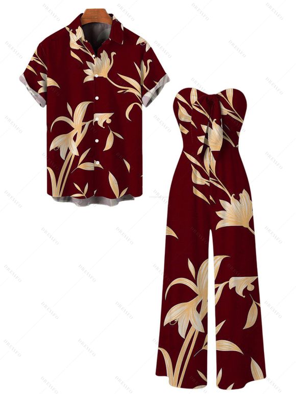 Vacation Couple Outfit Hand‑Drawn Orchid Floral Print Pocket Off the Shoulder Jumpsuit and Shirt Set - Rouge foncé S | US 4