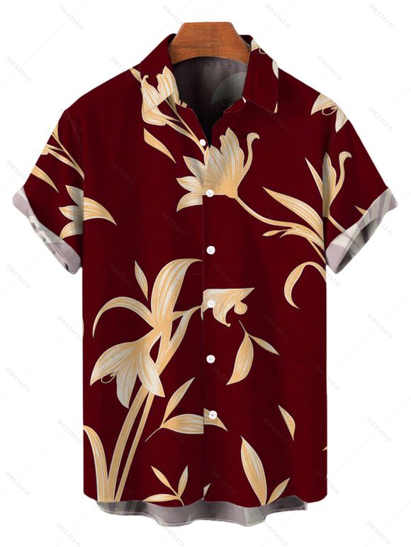 Vacation Couple Outfit Hand‑Drawn Orchid Floral Print Pocket Off the Shoulder Jumpsuit and Shirt Set - Rouge foncé S | US 4