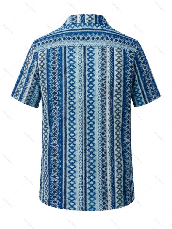 Ethnic Vacation Crochet Couple Outfit: Zig Zag Geometric Print Bowknot Off the Shoulder Cropped Top, Scalloped Shorts, Button Up Shirt - Bleu S | US 4
