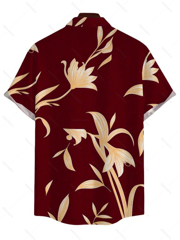 Vacation Couple Outfit Hand‑Drawn Orchid Floral Print Pocket Off the Shoulder Jumpsuit and Shirt Set - Rouge foncé S | US 4