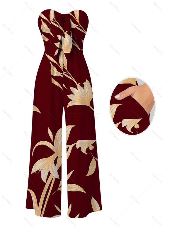 Vacation Couple Outfit Hand‑Drawn Orchid Floral Print Pocket Off the Shoulder Jumpsuit and Shirt Set - Rouge foncé S | US 4