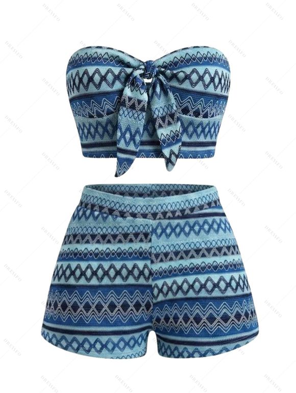 Ethnic Vacation Crochet Couple Outfit: Zig Zag Geometric Print Bowknot Off the Shoulder Cropped Top, Scalloped Shorts, Button Up Shirt - Bleu S | US 4