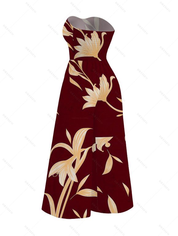 Vacation Couple Outfit Hand‑Drawn Orchid Floral Print Pocket Off the Shoulder Jumpsuit and Shirt Set - Rouge foncé S | US 4