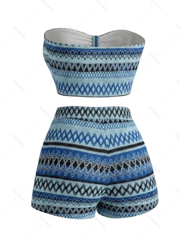 Ethnic Vacation Crochet Couple Outfit: Zig Zag Geometric Print Bowknot Off the Shoulder Cropped Top, Scalloped Shorts, Button Up Shirt - Bleu S | US 4