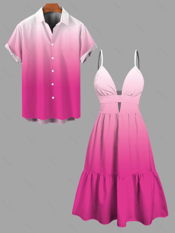 Vacation Couple Outfit Ombre Print Cut Out Tired Plunging Neck Flowy Dress and Shirt Set - Rose Vif S | US 4