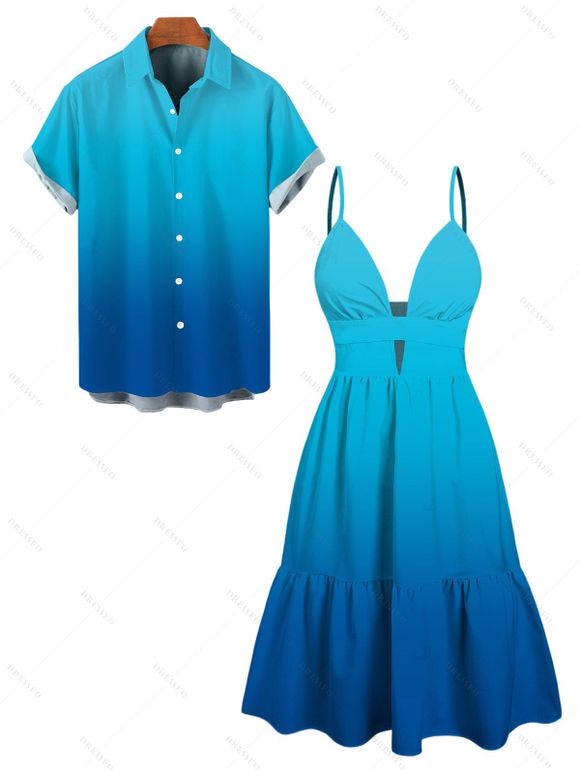 Vacation Couple Outfit Ombre Print Cut Out Tired Plunging Neck Flowy Dress and Shirt Set - Bleu S | US 4