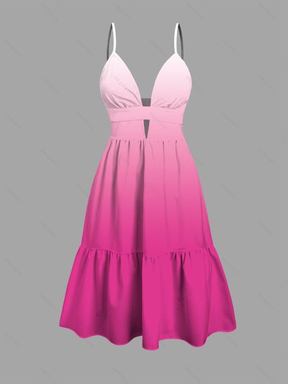 Vacation Couple Outfit Ombre Print Cut Out Tired Plunging Neck Flowy Dress and Shirt Set - Rose Vif S | US 4