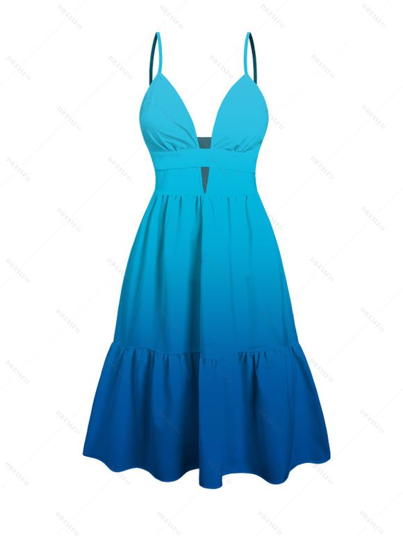 Vacation Couple Outfit Ombre Print Cut Out Tired Plunging Neck Flowy Dress and Shirt Set - Bleu S | US 4