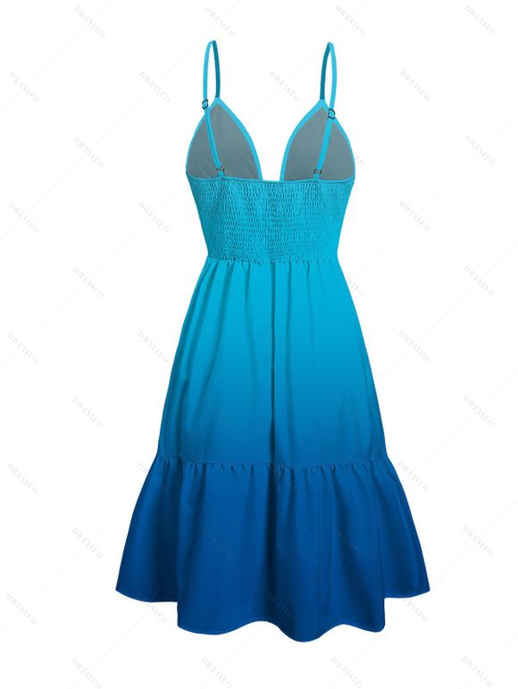 Vacation Couple Outfit Ombre Print Cut Out Tired Plunging Neck Flowy Dress and Shirt Set - Bleu S | US 4