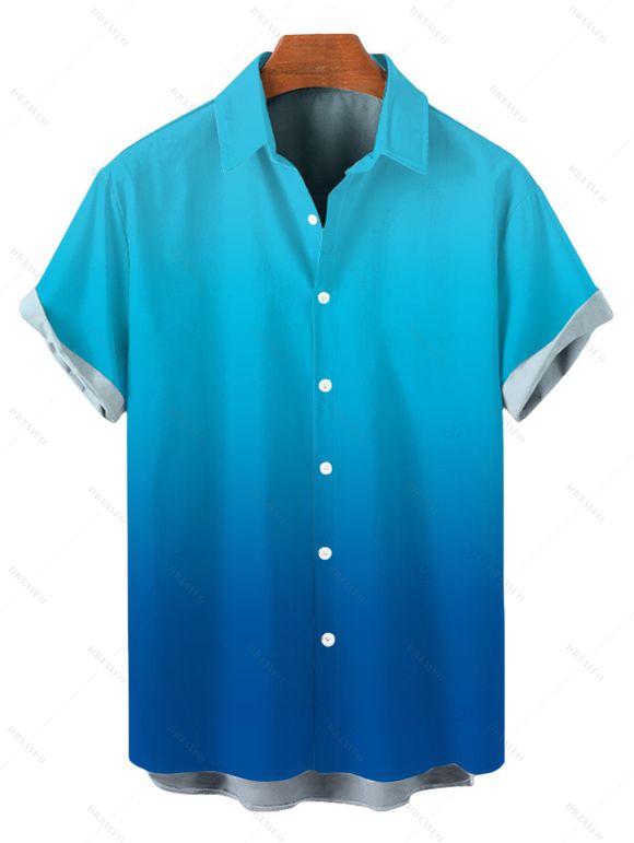 Vacation Couple Outfit Ombre Print Cut Out Tired Plunging Neck Flowy Dress and Shirt Set - Bleu S | US 4