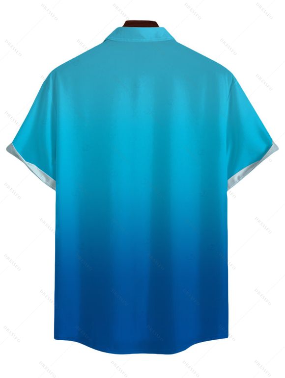 Vacation Couple Outfit Ombre Print Cut Out Tired Plunging Neck Flowy Dress and Shirt Set - Bleu S | US 4