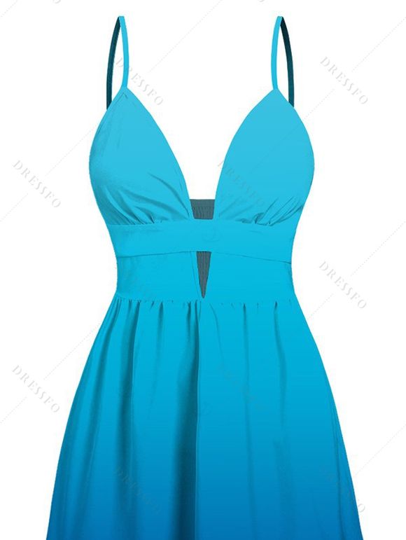 Vacation Dress Ombre Print Cut Out Tired Plunging Neck Flowy Dress - Bleu XXL | US 14