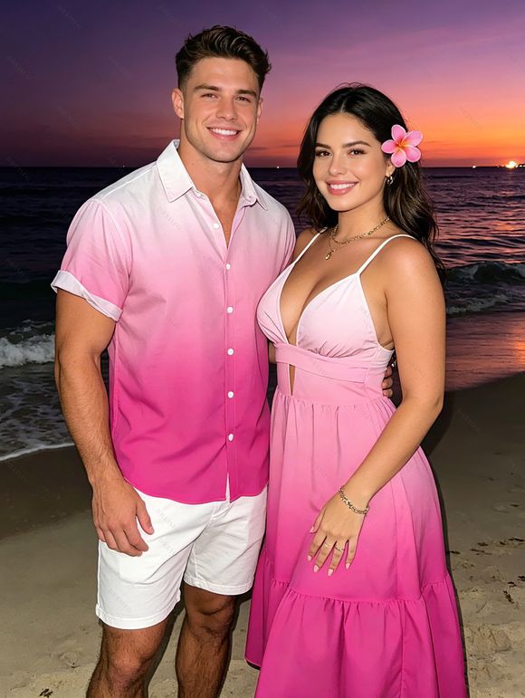 Vacation Couple Outfit Ombre Print Cut Out Tired Plunging Neck Flowy Dress and Shirt Set - Rose Vif S | US 4
