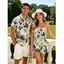 Vacation Couple Outfit Tropical Hibiscus Floral Monstera Leaf Print Pocket Off the Shoulder Romper and Shirt Set - Beige S | US 4