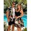 Vacation Couple Outfit Tropical Flower Leaf Plant Pattern Ruched Bust Sweetheart Neck Dress and Button Up Shirt Hawaii Matching Outfit - Noir S | US 4