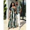 Vacation Couple Outfit Colorblock Abstract Wavy Stripe Print Tied Pocket Off the Shoulder Jumpsuit and Shirt Set - DEEP GREEN S | US 4