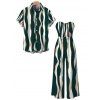 Vacation Couple Outfit Colorblock Abstract Wavy Stripe Print Tied Pocket Off the Shoulder Jumpsuit and Shirt Set - DEEP GREEN S | US 4
