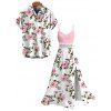Vacation Couple Outfit Watercolor Pink Peony Floral Print Lace Hollow Out Slit Dress and Shirt Set - Rose S | US 4