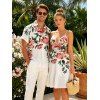 Vacation Couple Outfit Watercolor Peony Floral Leaf Print Cut Out Plunging Neck Tiered Flowy Dress and Shirt Set - Blanc S | US 4