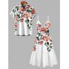 Vacation Couple Outfit Watercolor Peony Floral Leaf Print Cut Out Plunging Neck Tiered Flowy Dress and Shirt Set - Blanc S | US 4