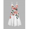 Vacation Couple Outfit Watercolor Peony Floral Leaf Print Cut Out Plunging Neck Tiered Flowy Dress and Shirt Set - Blanc S | US 4