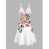 Vacation Couple Outfit Watercolor Peony Floral Leaf Print Cut Out Plunging Neck Tiered Flowy Dress and Shirt Set - Blanc S | US 4