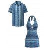 Ethnic Vacation Couple Outfit Zig Zag Geometric Print Cut Out Open Back Halter Dress and Shirt Set - Bleu S | US 4