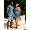 Ethnic Vacation Couple Outfit Zig Zag Geometric Print Cut Out Open Back Halter Dress and Shirt Set - Bleu S | US 4