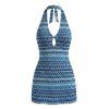 Ethnic Vacation Couple Outfit Zig Zag Geometric Print Cut Out Open Back Halter Dress and Shirt Set - Bleu S | US 4