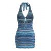 Ethnic Vacation Couple Outfit Zig Zag Geometric Print Cut Out Open Back Halter Dress and Shirt Set - Bleu S | US 4