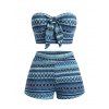 Ethnic Vacation Crochet Couple Outfit: Zig Zag Geometric Print Bowknot Off the Shoulder Cropped Top, Scalloped Shorts, Button Up Shirt - Bleu S | US 4