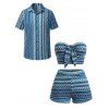 Ethnic Vacation Crochet Couple Outfit: Zig Zag Geometric Print Bowknot Off the Shoulder Cropped Top, Scalloped Shorts, Button Up Shirt - Bleu S | US 4