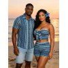 Ethnic Vacation Crochet Couple Outfit: Zig Zag Geometric Print Bowknot Off the Shoulder Cropped Top, Scalloped Shorts, Button Up Shirt - Bleu S | US 4