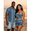 Ethnic Vacation Crochet Couple Outfit: Zig Zag Geometric Print Bowknot Off the Shoulder Cropped Top, Scalloped Shorts, Button Up Shirt - Bleu S | US 4