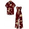 Vacation Couple Outfit Hand‑Drawn Orchid Floral Print Pocket Off the Shoulder Jumpsuit and Shirt Set - Rouge foncé S | US 4